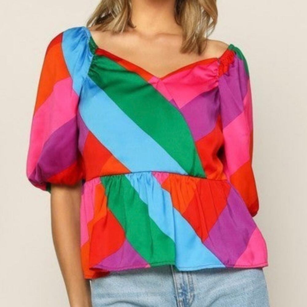 Skies are Bluegreen blue pink purple women's top blouse puff sleeve size XS NEW